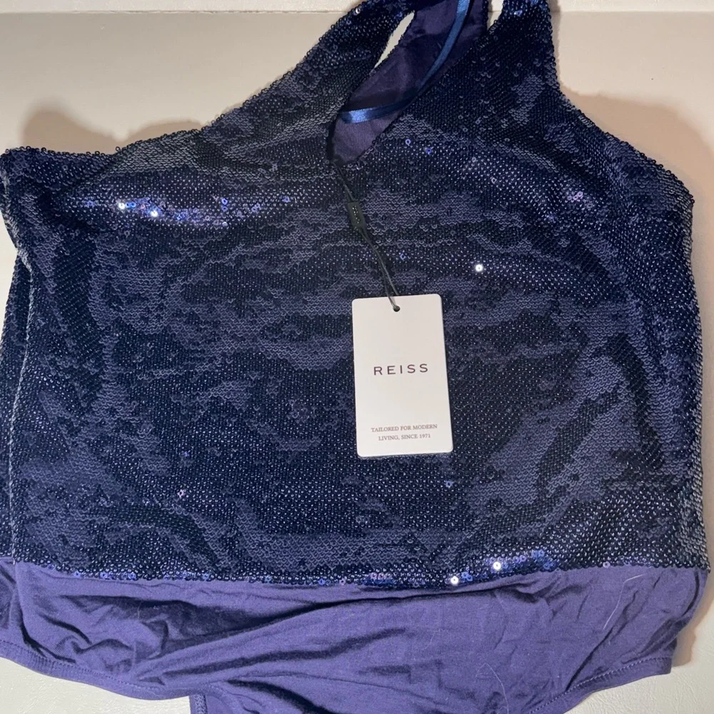 Reiss Navy Scarlette One Shoulder Sequin Bodysuit style summer party casual